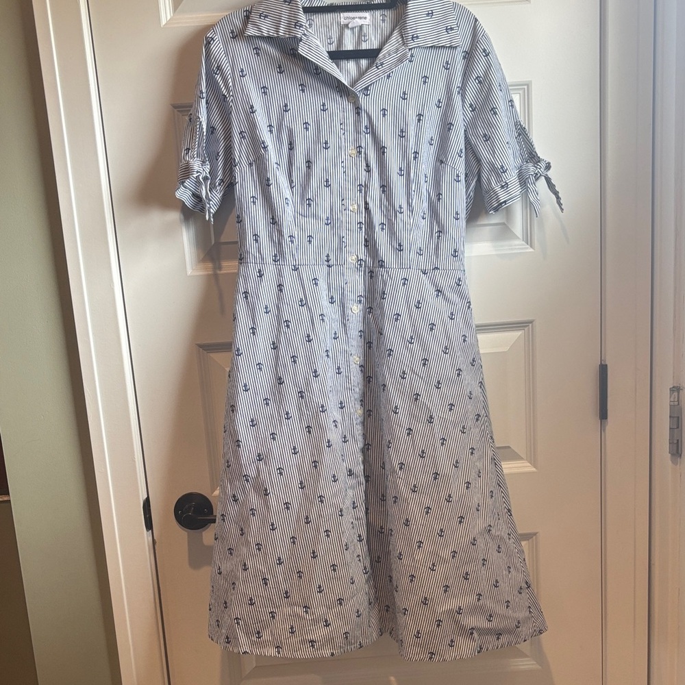 Chloe+rene Striped Blue Midi Dress w Anchor print and Bow Sleeves
